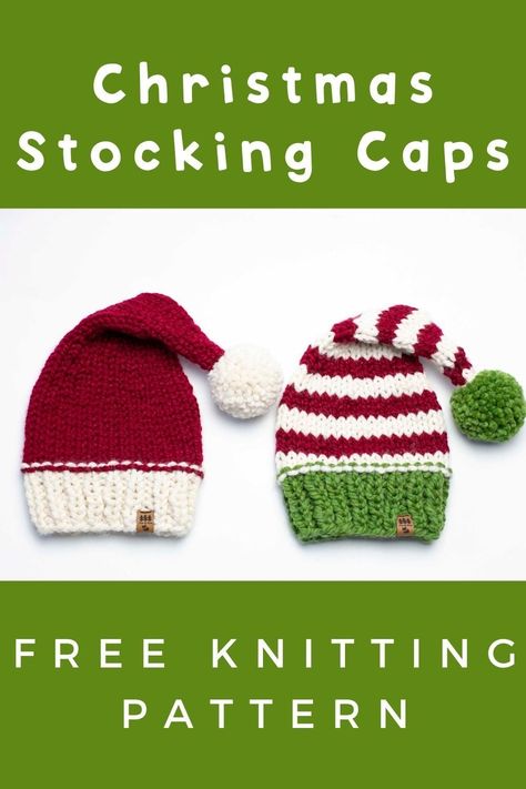 Christmas Santa Hat Free Knitting Pattern Stocking Cap Baby Children Women Men Chunky Knitted Pompom. Yarn: Lion Brand Wool Ease Thick and Quick. Sizes for the whole family. Easy free pattern at www.foxandpinestitches.com or purchase the ad-free printable PDF file at www.foxandpinestitches.etsy.com Knit Stocking Hat Pattern Free, Toddler Knit Hats, Knit Stocking Hats Free Pattern, Stocking Hat Knitting Pattern Free, Knit Santa Hat Pattern Free, Knitted Baby Hats Free Patterns, Knit Baby Hat Pattern, Baby Stocking Hat, Free Chunky Knitting Patterns