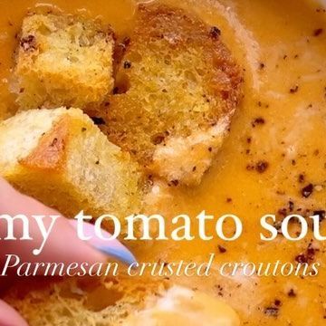 Jamie Milne on Instagram: "one of my most viral recipes is my creamy tomato soup with Parmesan crusted croutons! this is one of my favorite fall recipes that I have been making on repeat for the last five years 🫶 you will love it! recipe below, enjoy xx Creamy Tomato Soup Serves 4 8 Roma tomatoes, halved 4 cloves garlic 1 white onion, halved 2 tbsp balsamic vinegar 1 tbsp sugar 1 cup cooking cream (or heavy cream) 4 cups vegetable stock 1/2 cup Parmesan cheese Salt & pepper Parmes Oven Roasted Tomatoes, Cooking Cream, Tomato Bisque, Roasted Tomato Soup, Creamy Tomato Soup, Cheese Stuffed Peppers, Parmesan Crusted, Soup And Stew, Croutons