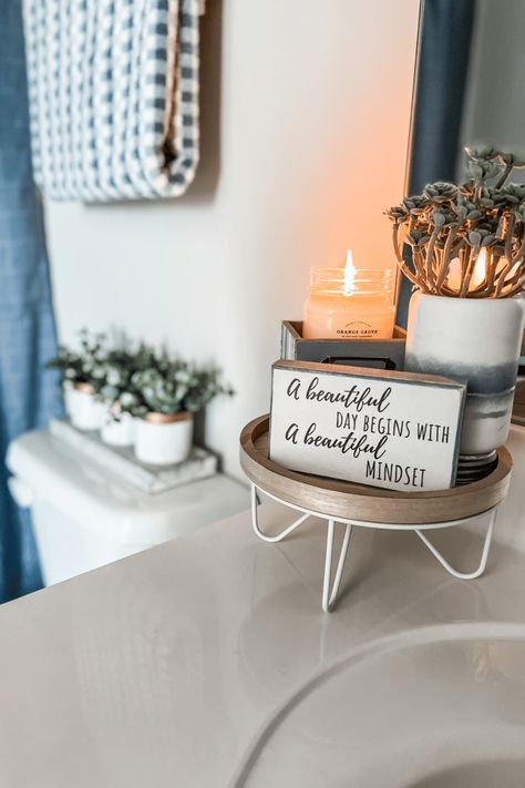 Guest Bathroom Ideas Gray, Guest Bath Countertop Decor, Bath Vanity Decor Ideas, Guest Bath Sink Decor, Ladies Bathroom Decor Ideas, Elegant Bathrooms On A Budget, Small Bathroom Countertop Decor, Small Bathroom Sink Decor Ideas, Simple Bathroom Counter Decor