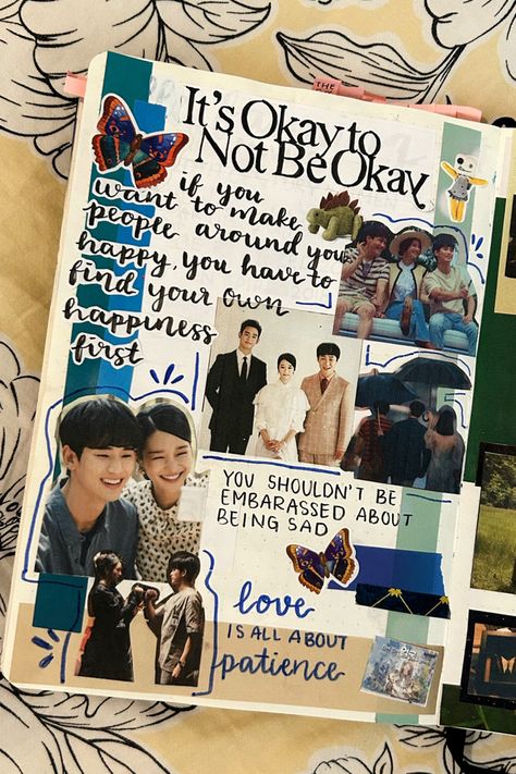 it’s okay to not be okay kdrama page in my film and tv shows journal Kdrama Books, Tv Show Journal, Journal Tv Shows, Kdrama Scrapbook Ideas, Journal 1st Page Ideas, Tv Show Scrapbook, Kdrama Scrapbook, Its Okay To Not Be Okay Kdrama, Kdrama Journal Ideas