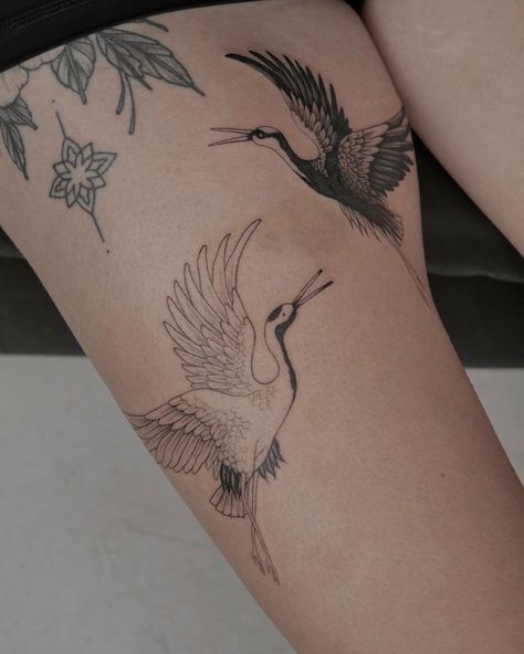 Tattoos Simplistic, Heron Tattoo, Animal Tattoos For Women, Crane Tattoo, Cow Tattoo, Abstract Tattoo Designs, Thigh Piece, Intricate Tattoo, Healing Tattoo