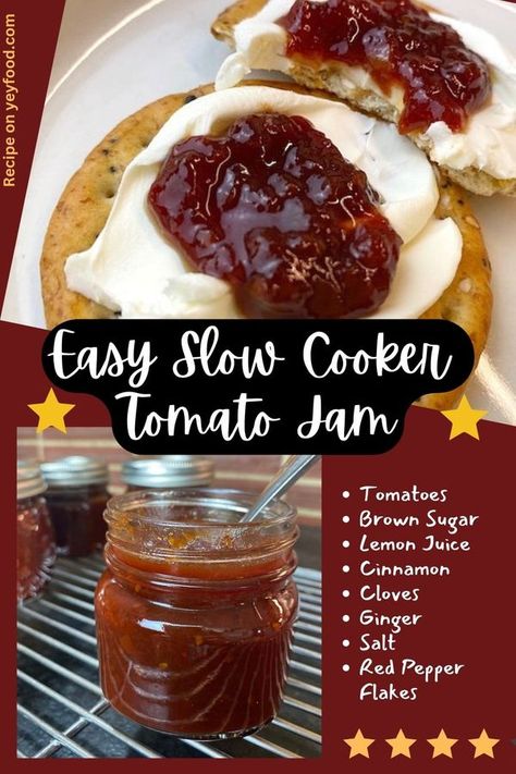 Tomato Jam Recipe Crockpot, Tomato Jam Crockpot, Slow Cooker Tomato Jam, Crockpot Jam Recipes, Cowboy Tomato Jam, Spicy Jam, Tomato Jam Recipe, Hacks For Home, Canning Jam Recipes