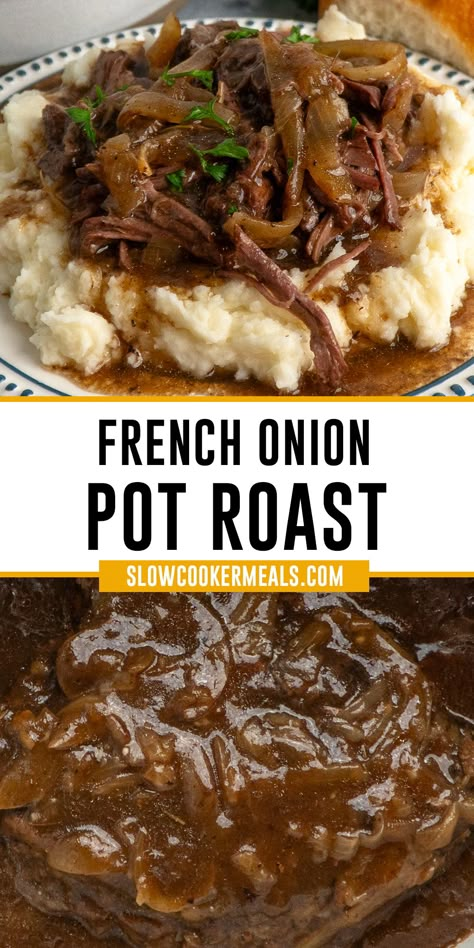 French onion pot roast over a plate of potatoes. Rump Roast Crock Pot Recipes, French Onion Pot Roast, Crockpot Rump Roast, Top Round Roast Recipe, Roast Beef Crock Pot Recipes, Rump Roast Recipes, Tender Pot Roast, Crockpot Roast Recipes, Pot Roast Crock Pot Recipes