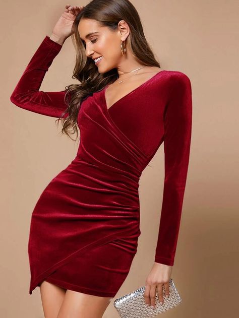 SHEIN Wrap Front Ruched Detail Velvet Dress | SHEIN USA Vestidos Para Baby Shower, Shein Dress, Knitted Bodycon Dress, Mini Robes, Body Con Dress, Mini Dresses For Women, Mini Velvet Dress, Dress For Short Women, Long Sleeve Bodycon