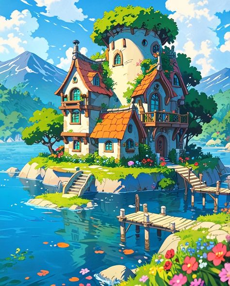 "Magical and Tranquil house" #aiart #animeillustration #illustrationart #illustration #illustrator #art #design #drawing #painting #artwork #generativeartworks #house #lake #landscape Lake House Drawing, Tranquil House, Lake Drawing, Lake Illustration, Dream House Drawing, Magical Lake, Fantasy Houses, Mc Ideas, House Lake