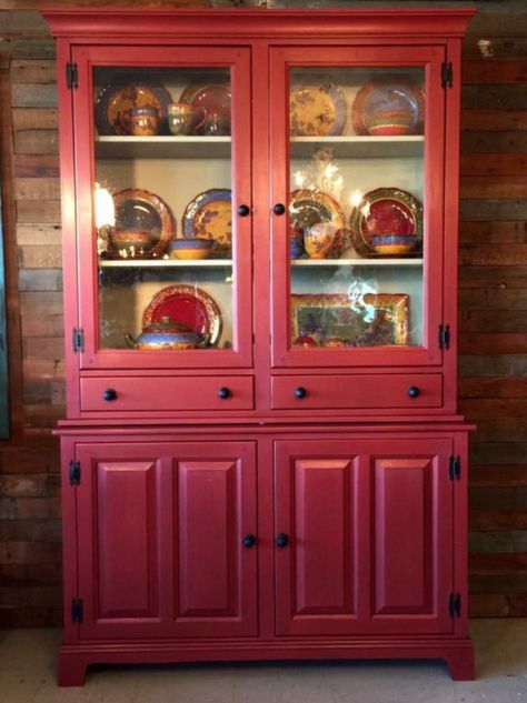 #Old Red #Scarlet #Cashmere #ChinaHutch #DivineEscape #PlasterPaint #DIY #Vintage #Antiques #ChalkPaint #Crafts #HomeDecor #GoBigRed China Cabinet In Living Room, Cabinet In Living Room, Painted Corner Cabinet, Large China Cabinet, Revamped Furniture, Furniture Finish, Revamp Furniture, Bar Cabinets, Red Furniture