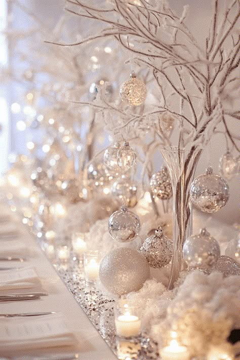 Christmas Wedding Centerpiece Winter Wedding Table Decorations Silver White Christmas, Christmas White Table Decorations, Xmas Wedding Centerpieces, Winter Wedding Christmas Tree, Diy Christmas Tree Table Decor, White Table Centerpiece Ideas, New Years Centerpieces, New Years Centerpiece Ideas, White Christmas Decorations Elegant