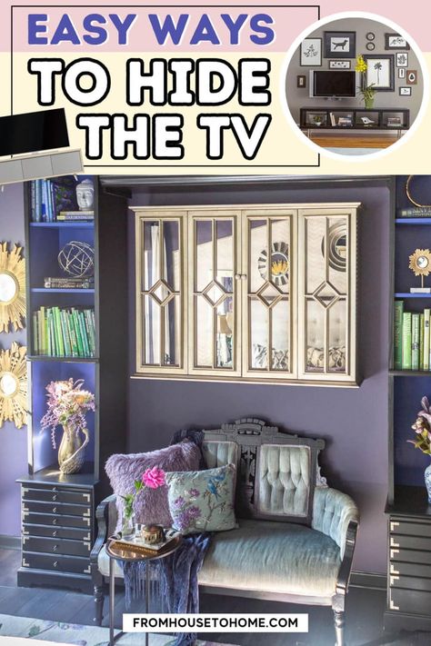 How To Hide The TV With Style Hide Television, Tv Cover Up, Tv Solutions, Diy Glam Decor, Hide Tv, Easy Diy Home Projects, Wall Mounted Tv Cabinet, House To Home, Sewing Room Storage