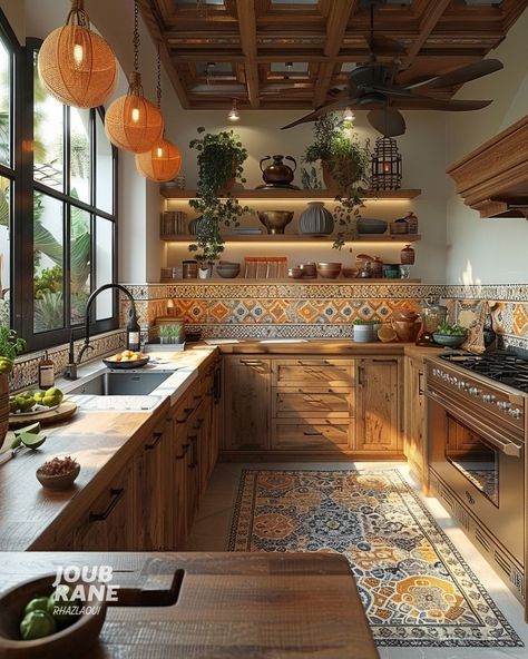 Kitchen With Moroccan Tile Backsplash, Marocco Kitchen Design, Home Decor Ideas Mediterranean, Dreamy Kitchen Aesthetic, Arab Kitchen Design, Orange Themed Kitchen, Moroccan Inspired Kitchen, Sicilian Kitchen Design, Kitchen Inspo Color Schemes