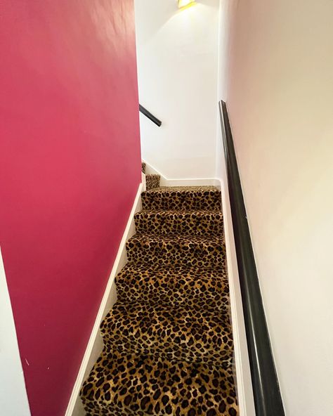 Leopard Print Carpet Bedroom, Animal Print Carpet On Stairs, Leopard Runner On Stairs, Leopard Carpet Stairs, Leopard Print Carpet, Leopard Stairs Carpet Runner, Stairway Carpet, Carpet Staircase, Vinyl Rug