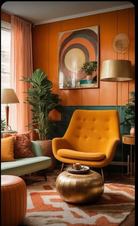 Retro Interior Design 1970s Mid Century, Orange Green Interior, Retro Sofa Living Room, Futon Living Room Ideas, Blue And Orange Living Room, Retro Dining Rooms, Moody Home Decor, 70s Interior, 70s Home