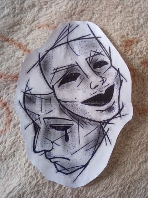 3 Mask Tattoo, Broken Face Tat, Double Face Tattoo Design, Comedy Tragedy Masks Tattoo, Two Masks Tattoo, Theater Faces Tattoo, Comedy Tragedy Tattoo, Theatre Tattoos, 2face Tattoo