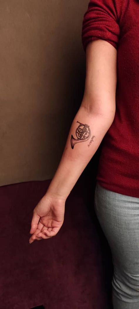 It’s a long story. Blue French Horn Tattoo, Himym Tattoo Ideas, French Horn Tattoo, Himym Tattoo, Horn Tattoo, Lion King Tattoo, King Tattoo, King Tattoos, French Horn