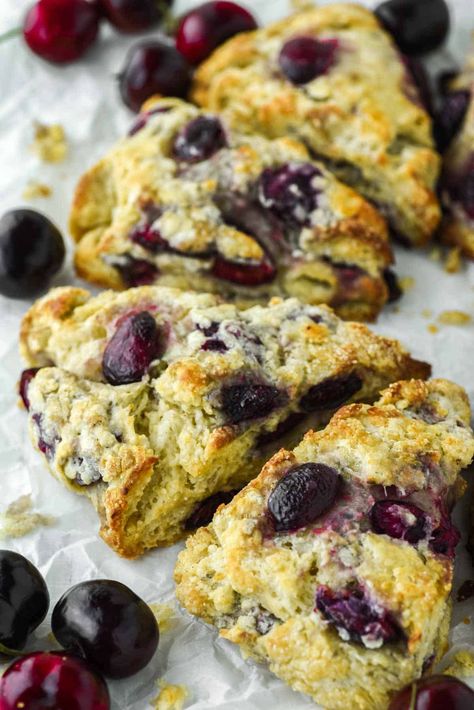 These cherry scones are loaded with fresh cherries and have the perfect buttery texture, making for a great breakfast or afternoon snack. #cherryscones #scones #cherry | chiselandfork.com Sour Cherry Scones, Fresh Cherry Scones Recipe, Scones Cherry, Fresh Cherry Scones, Cherry Scones Recipe, Simple Scones, Cheese And Chive Scones, Oat Scones, Breakfast Cakes