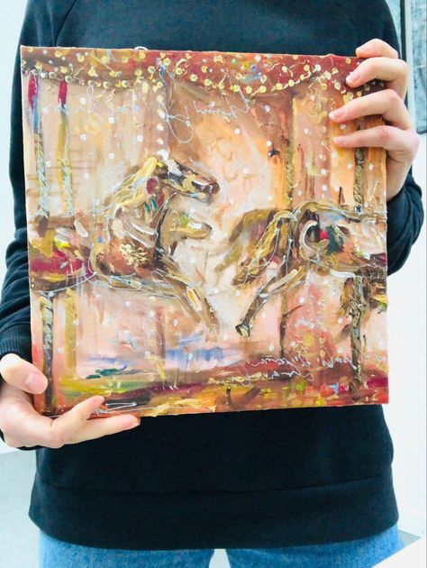 Carousel Painting Art, Painting Gift Ideas Canvases, Funfair Aesthetic, Carousel Painting, Deer Painting, Mixed Media Acrylic, Studio Inspiration, Carousel Horse, Art Mixed Media