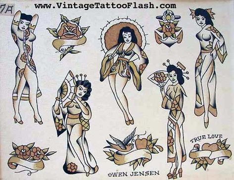 owen-jensen-tattoo-flash-sh | Vintage Tattoo Flash | Flickr Pinup Tattoo Flash, Traditional Tattoo Pin Up Girl, Aus Tattoo, Owen Jensen, Hula Girl Tattoos, Antique Tattoo, Tato Tradisional, Vintage Tattoo Flash, Traditional Tattoo Flash Art