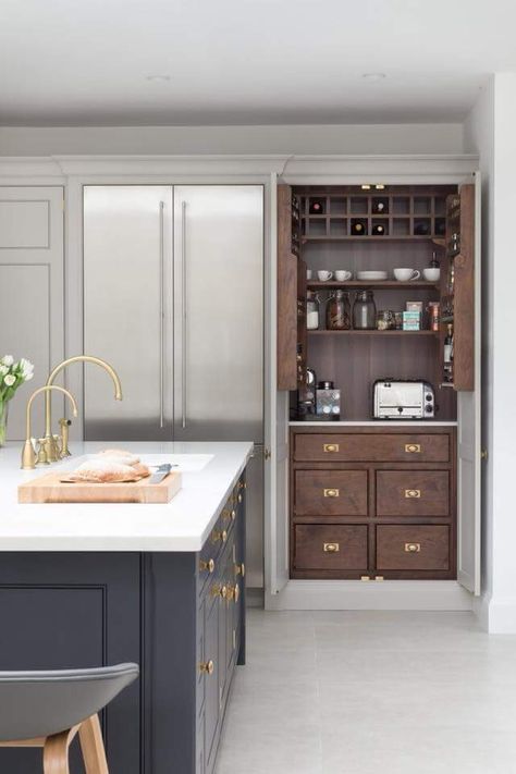 Humphrey Munson, Fridge French Door, Pantry Cupboard, Hidden Kitchen, Kitchen Pantry Cabinets, Classic Kitchen, Home Luxury, Pantry Cabinet, Blue Kitchens