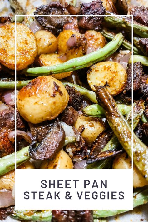 Sheet Pan Steak & Veggies Steak Tips Sheet Pan Dinner, Steak And Roasted Vegetables, Sheet Pan Steak Bites And Potatoes, Beef Sheet Pan Recipes, Sheet Pan Steak Bites, Veggie Sheet Pan Recipes, Steak And Veggies Dinner, Steak Sheet Pan Dinner, Sheet Pan Steak And Potatoes