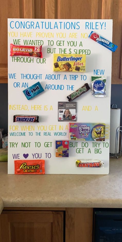 Made this candy poster for my nephew’s graduation@fivebelow is the perfect store to get all the candy needed for this craft Congrats Candy Poster, Candy Card For Graduation, Graduation Candy Card Ideas, Senior Candy Poster, Nephew Graduation Gifts, Elementary Graduation Signs, 5th Grade Graduation Poster Ideas, Poster For Graduation Ideas, Graduation Candy Poster Boards