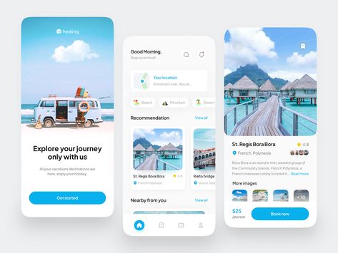 Healing - Traveling Mobile App by Ananto Nugroho Putra for Korsa on Dribbble Travel Ui Design Mobile App, Travel App Ui Design, Travel App Design, App Design Trends, Hotel Booking App, Event App, App Design Layout, Ui Ux App, Mobile Application Design