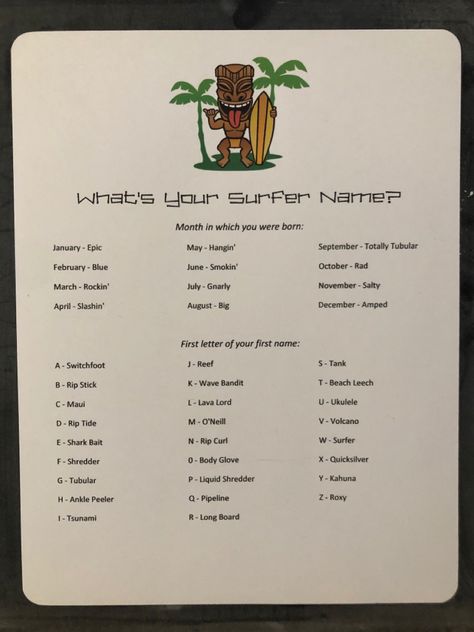 What’s your surfer name? Surf Language, Surfer Language, Surfer Quotes, Surfer Slang, Hawaiian Last Names, Surfer Sayings, Surf Knowledge, Surfing Knowledge, Surf Shack Vbs