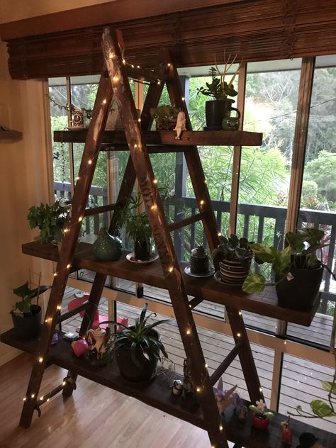 Diy Wall Ladder Shelf, Old Ladder Decor, Ladder Art, Old Wood Ladder, Repurposed Ladders, Ladder Stand, Ladder Planter, Antique Ladder, Ladder Ideas