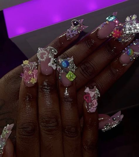 Black Blinged Out Nails, Junk Nails Bling, Black Junk Nails, Blinged Out Nails, Nails Bling, Junk Nails, Hard Nails, Long Acrylic, Bling Acrylic Nails