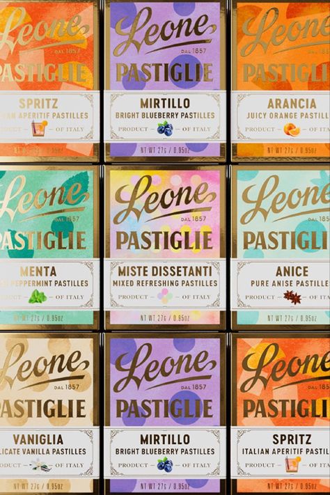 There’s just something about old-fashioned European treats in particular—they’re often designed with an irresistible vintage charm that feels designed to age well. It’s no wonder certain brands have been around for so long, like Italy’s Pastiglie Leone, whose legacy is over 150 years old. Shooting Inspiration, Premium Ice Cream, Fruit Packaging, Magazine Spreads, Old Factory, Chocolate Brands, Packing Design, Beverage Packaging, Christmas Packaging