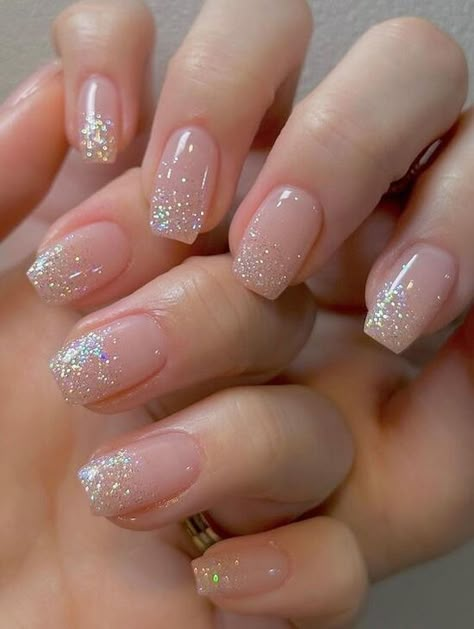 25 Christmas Nails Designs So Stunning, Santa Would Approve! Simple Sparkly Nails Acrylic, Glitter Tipped Acrylic Nails, New Year New Me Nails, Wedding Nails With Sparkle, New Year Christmas Nails, French Manicure With Shimmer, Christmas Squoval Nails, Nude Sparkly Nails Square, Christmas Nails Glitter Tips