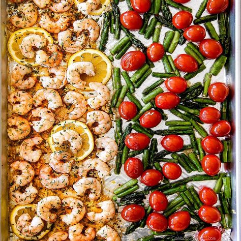 Jennifer Sattley on Instagram: “new SHEET PAN SHRIMP SCAMPI with roasted asparagus and tomatoes bursting with lemon, garlic, butter flavor and on your table in 15 MINUTES!…” Shrimp Scampi No Wine, Sheet Pan Shrimp Scampi, Shrimp Scampi Easy, Asparagus And Tomatoes, Pasta With Olives, Sweet Chili Shrimp, Sheet Pan Shrimp, Pan Shrimp, Salad Diet