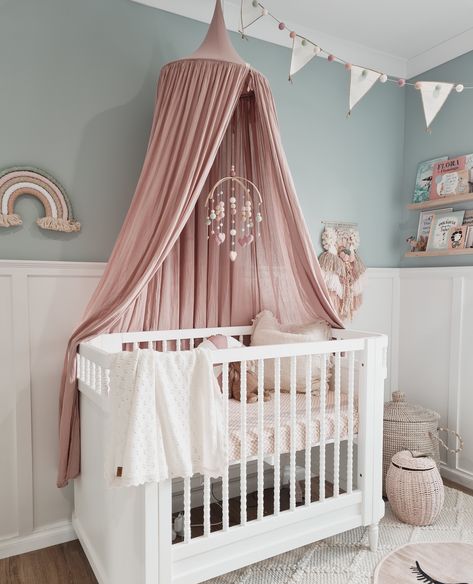 Crib Canopy Girl, Crib With Canopy, Canopy Over Crib, Modern Girl Nursery, Nursery Canopy, Baby Nurseries, Crib Canopy, Baby Mobiles, Baby Room Inspiration