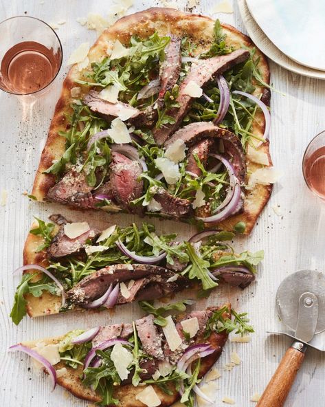 Parmesan Pecorino Steak Flatbread - What's Gaby Cooking Steak Flatbread, Leftover Steak Recipes, Mediterranean Foods, Leftover Steak, Whats Gaby Cooking, Easy Steak Recipes, Easy Steak, Grilled Flank Steak, Flatbread Recipes