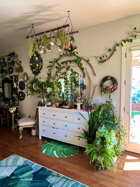 Witchy Plant Room, Forest Living Room Ideas, Living Room Nature Theme, Light Whimsigoth, Rooms With Accent Walls, There Is Hope, Cute Bedroom Decor, House Plants Decor, Cozy Room Decor