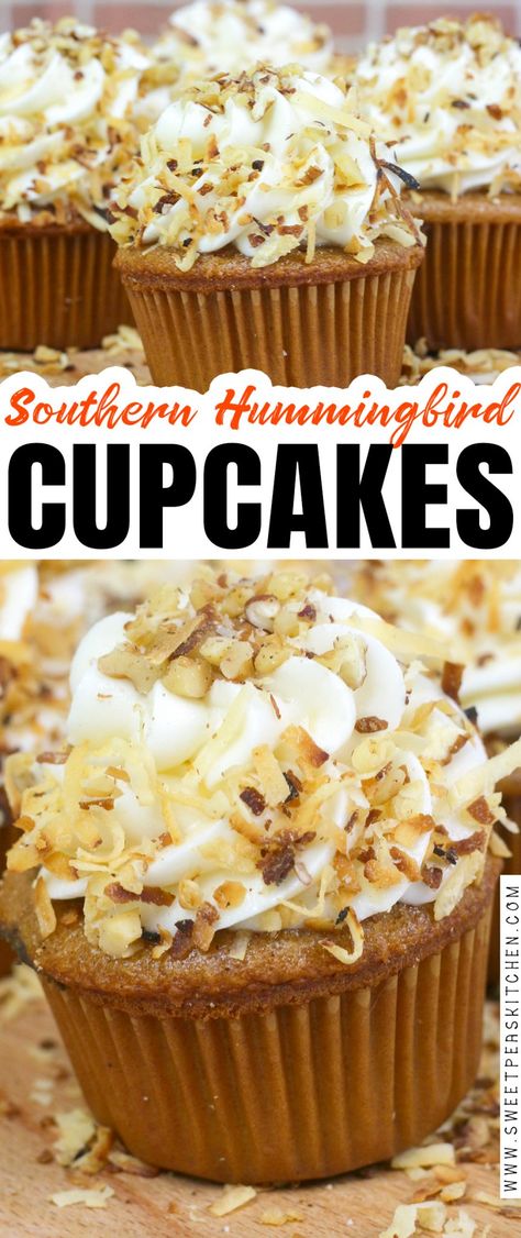 Southern Hummingbird Cupcakes Recipe Jumbo Cupcake Recipes, Extreme Cupcakes, Gourmet Cupcake Recipes, Hummingbird Cupcakes, Perfect Cupcakes, Hummingbird Cake Recipes, Recipes Gourmet, Hummingbird Cake, Coconut Cupcakes