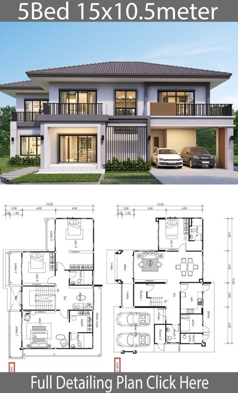 House Design Plan 16.5x10m With 5 Bedrooms - Home Ideas Dröm Hus Planer, Villa Tugendhat, Home Designs Exterior, 5 Bedroom House Plans, Double Storey House, 2 Storey House Design, Two Story House, Exterior Bloxburg, Homes Modern