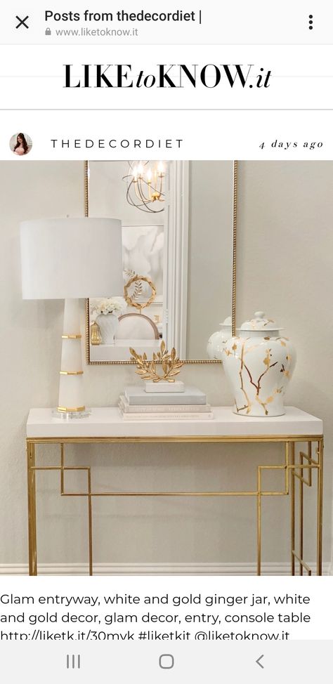 White And Gold Console Table Decor, White And Gold Console Table, Gold Console Table Decor, Tv Console Decorating, Entryway Decor Modern, Modern Buffet Table, Entry Hall Table, Foyer Ideas Entryway, White And Gold Decor