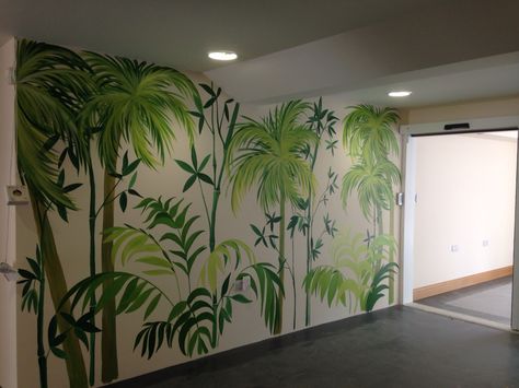 Jungle Palm and Bamboo mural Tree Mural Bedroom, Palm Tree Mural, Bamboo Mural, Birmingham Botanical Gardens, Jungle Wall Mural, Bamboo Palm, Office Mural, Jungle Mural, Mural Artist