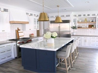 Posts from myhouseoffour | LIKEtoKNOW.it White Apron Sink, Dark Blue Kitchens, Shiplap Kitchen, Blue Kitchen Island, Navy Blue Kitchen, White Tile Backsplash, White Subway Tile Backsplash, White Shaker Cabinets, Grey Countertops