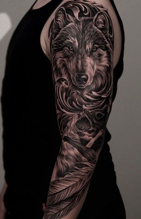 24 Cool Wolf Tattoo Ideas For Shoulder That You Will Love And Inspire you Jasmine Tattoo, Lone Wolf Tattoo, Wolf Sleeve, Wrap Around Tattoo, Wolf Tattoo Sleeve, Inspiration Tattoo, Wolf Tattoo Design, Geniale Tattoos, Full Sleeve Tattoos