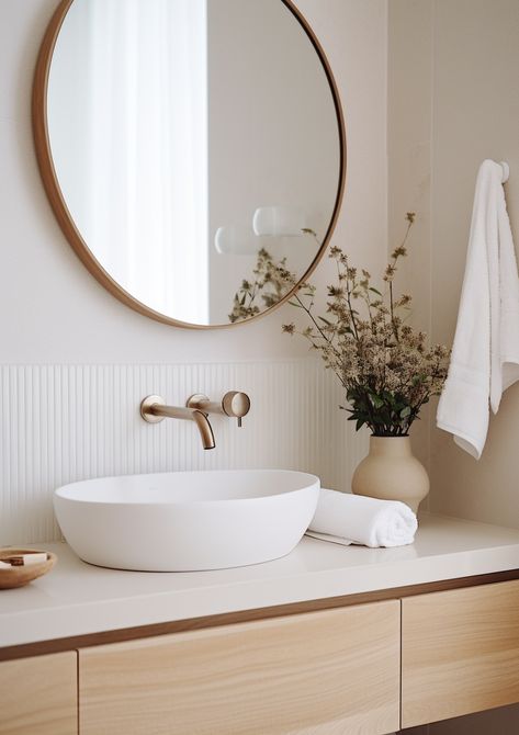 Natural Bathroom Tiles, European Powder Room, Coastal Farmhouse Bathroom, Bathroom Organic Modern, Scandi Bathroom, Bathroom Beige, Small Bathroom Inspiration, Minimalist Bathroom Design, Small Bathroom Interior