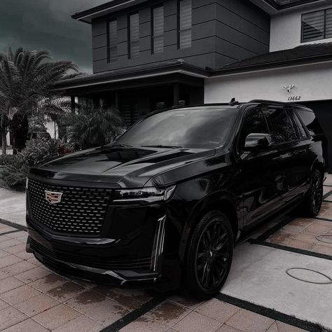 Suv Black Car, Black On Black Escalade, Nice Cars Black, Black Escalade Aesthetic, All Black Escalade, All Black Cadillac Escalade, Blacked Out Cadillac Escalade, Black Escalade Cadillac, Blacked Out Escalade