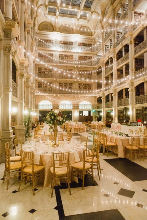 Wedding Reception Venues Indoor Elegant, Cafe Lights Wedding, Cafe Lights Wedding Reception, Gilded Wedding, 4 Lifers, Beautiful Venues, Cake Display Table, Peabody Library, Gold Chiavari Chairs