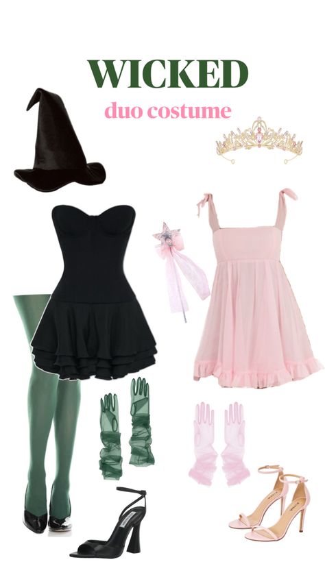 wicked duos costume for parties college inspiration aesthetic halloween outfits Wicked Duo Costume, Wicked Outfits Ideas, Wicked Outfit Inspired, Galinda Wicked Inspired Outfits, Wicked Costumes Halloween, Elphaba Inspired Outfit, Wicked Movie Outfit Ideas, Wicked Halloween Costume, Wicked Inspired Outfits