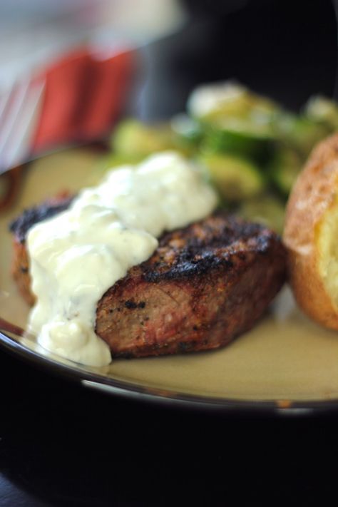 Filet Mignon with Melted Blue Cheese Sauce...try out McKinnon's grocery store in Danvers for great deals on a wide variety of steaks and meats ! Sauce For Beef, Filet Mignon Recipes, Blue Cheese Sauce, Cheese Sauce Recipe, Beef Tenderloin, Beef Dishes, Cheese Sauce, Blue Cheese, Meat Dishes