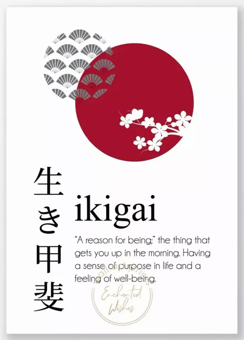 This gorgeous print features the definition of the Japanese word Ikigai, along with an abstract Japanese design in black and red. Ikigai Japanese Word, Ikigai In Japanese, Japanese Vertical Tattoo, Ukiyo Symbol, Japanese Art Symbols, Cool Japanese Words And Meanings, Japanese Art Tattoo Design, Ikigai Tattoo Design, Red Japanese Aesthetic