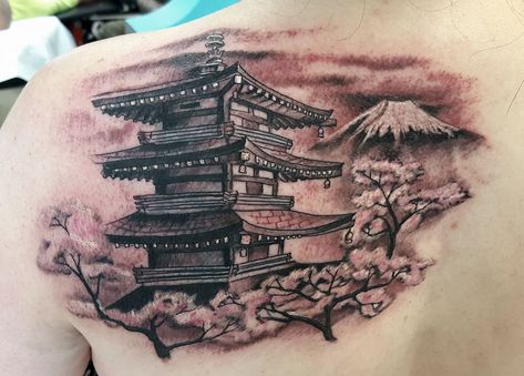 Temple Tattoo, Sakura Tattoo, Japanese Pagoda, Background Ideas, Style Japonais, Tattoo Model, Skull Tattoo, Tatting, Temple