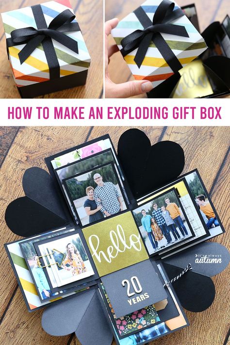 How to make an Explosion Box {cheap, unique DIY gift idea!} - It's Always Autumn Diy Exploding Box, Explosion Box Tutorial, Exploding Gift Box, Photo Gifts Diy, Diy Gifts For Girlfriend, Presente Diy, Diy Gifts For Mom, Diy Gifts For Him, Diy Gifts For Friends