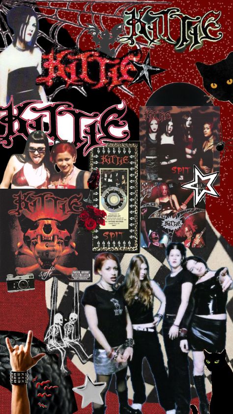 Kittie Band Collage Wallpaper, Kittie Band Aesthetic, Kittie Wallpaper Band, Kittie Band Pfp, Grunge Cat Wallpaper, Iphone Wallpaper Rock, Rock Collage, Kittie Band, Gothic Bands