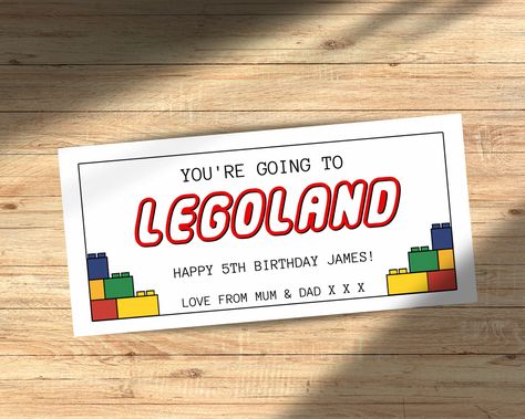 Personalised legoland Reveal | Birthday Gift Reveal | Theme Park Ticket | Surprise Trip Card | Day Out | Legoland Ticket | Gift Fo Kids Legoland Surprise Trip Ideas, Legoland Tickets Printable Free, Legoland Surprise, Legoland Florida, Boarding Passes, Happy 5th Birthday, Birthday Board, Gifts Fo, Reveal Ideas