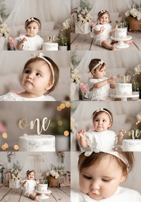 One Year Old Birthday Cake Smash, 1 Bday Photo Shoot, White 1st Birthday Photoshoot, Cake Smash Birthday Photo Shoot, Isn’t She Onederful Cake Smash, Photoshoot Ideas For 1 Year Baby, One Year Baby Girl Birthday Photoshooting, Onederful Photo Shoot, Studio 1st Birthday Pictures